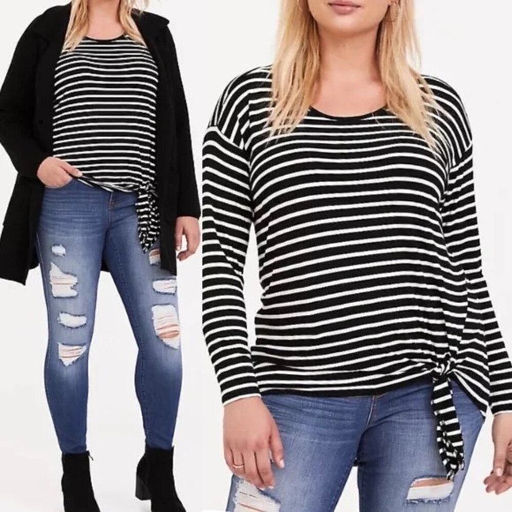 Torrid Super Soft Knit Tie-Front Long Sleeve Tee Jersey Black & White Stripe 2X